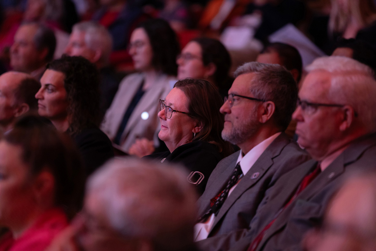 Faculty, staff, and students gathered at the Strauss Performing Arts Center to listen to the State of the University Address.