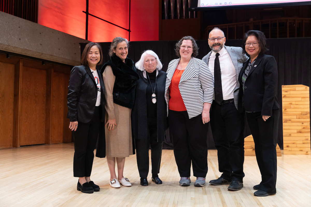 Chancellor Joanne Li, Ph.D., CFA; Katie Weitz; Regent Barbara Weitz; Lori Schwartz; Faculty Senate President William Melanson, Ph.D.; and Patty Bick, Ph.D. 