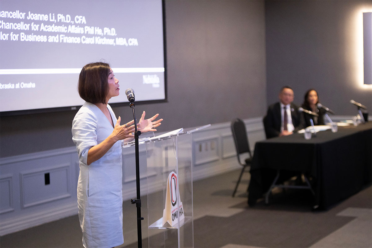 UNO Chancellor Li shares remarks to open the budget town hall held on Friday, Oct. 20 at UNO's Thompson Alumni Center.