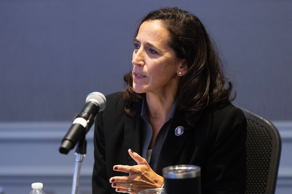 Carol Kirchner, MBA, responds to a question based on her update on the financial situation and the zero-based budget process as part of the budget town hall forum.