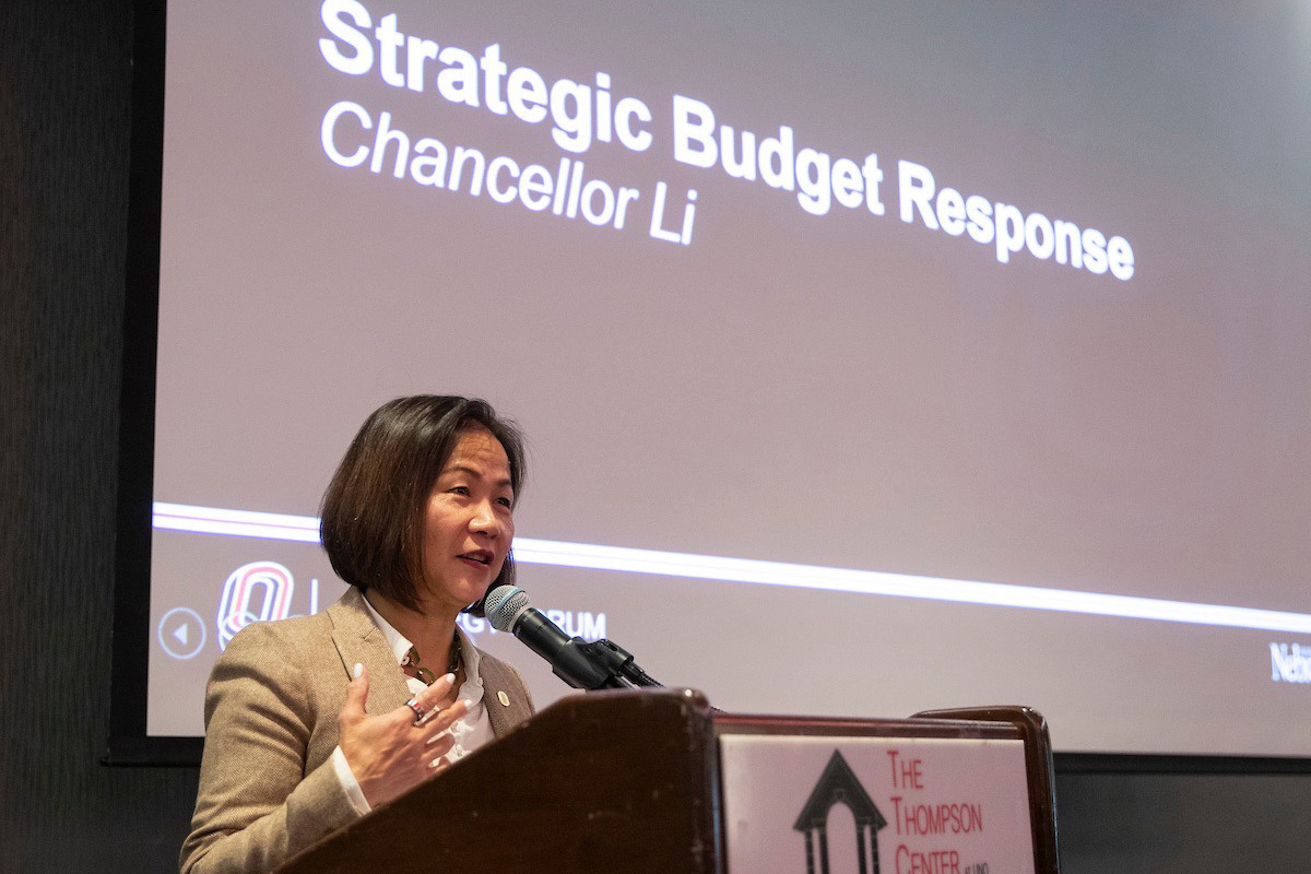 UNO Chancellor Joanne Li, Ph.D., CFA addresses attendees to provide an update on UNO’s budget approach at the campus strategy forum held Friday, Nov. 17 at UNO’s Thompson Alumni Center.