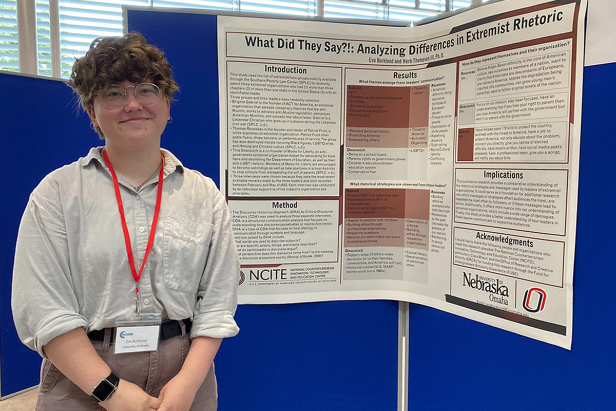 UNO junior, Eva Burklund, presenting her research at the Behavior and Social Sciences in Security (BASS) conference in the United Kingdom. 