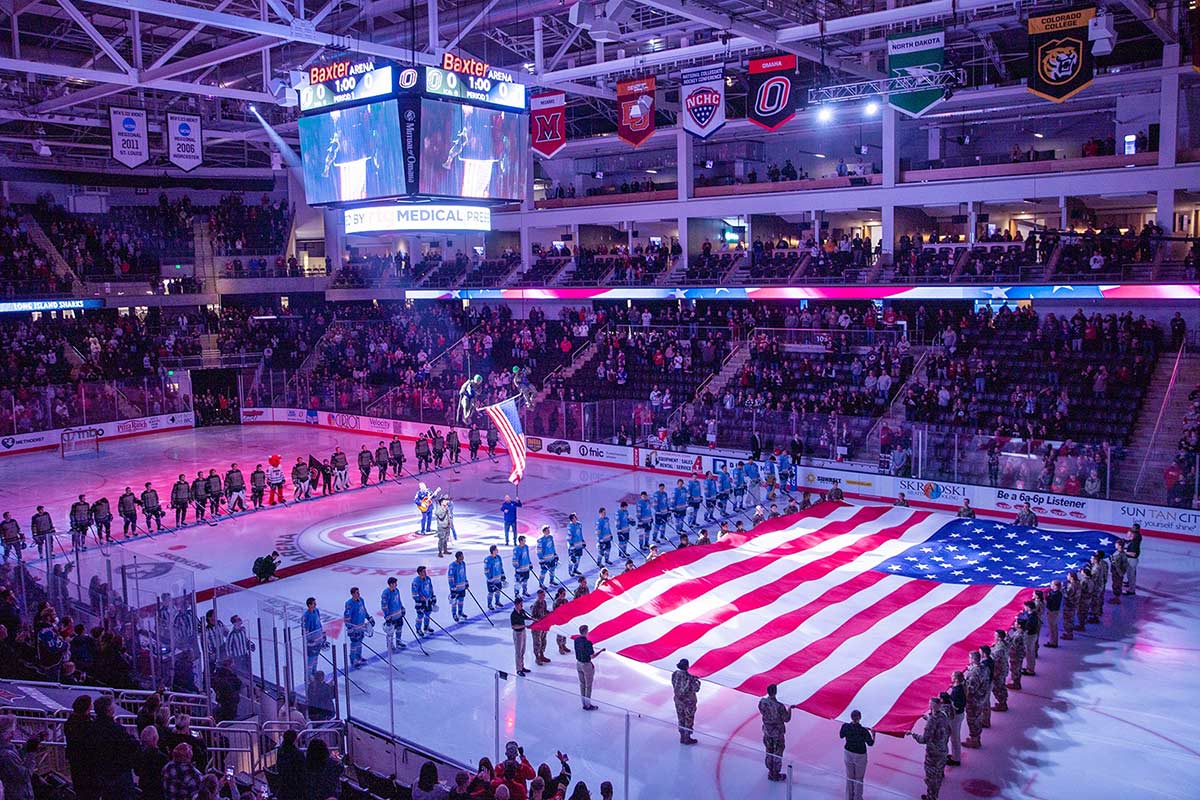 Stars and stripes were at center ice during UNO hockey's military appreciation night on Friday, Nov. 10 at UNO's Baxter Arena.