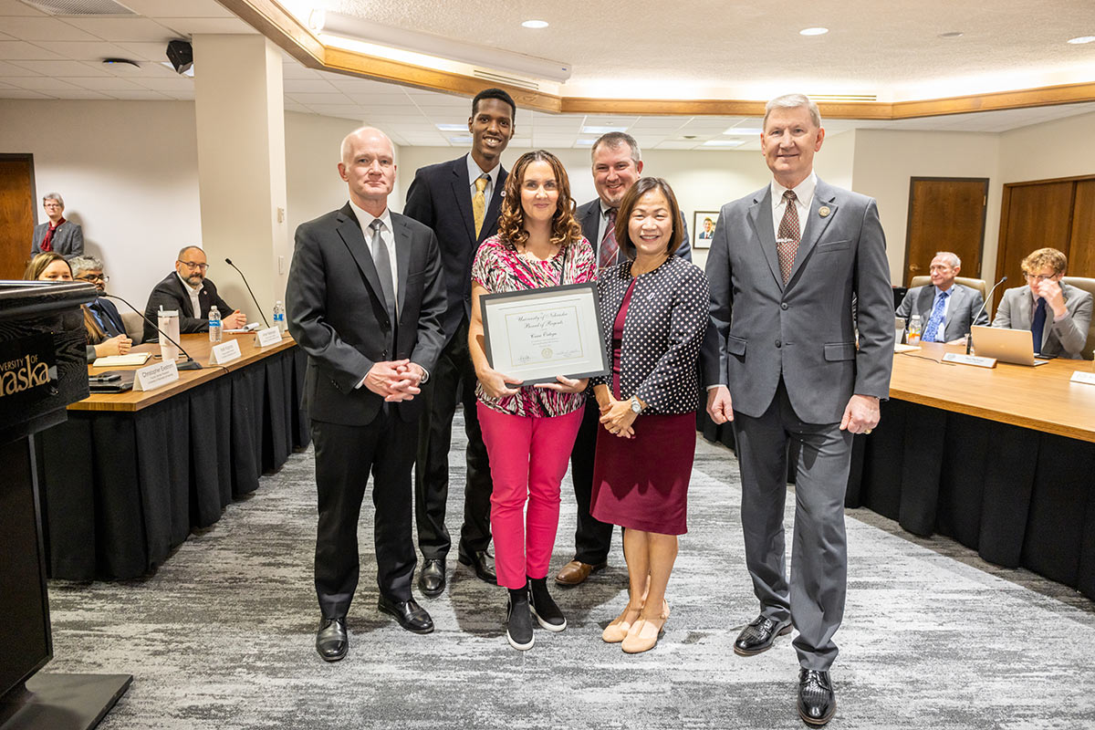 Pictured: Vice Chancellor of Institutional Effectiveness and Student Success Rich Klein, Ph.D.; Regent Hakim Lotoro; Cara Ortega, Director of University Registrar Matt Schill; and University of Nebraska (NU) System President Ted Carter.