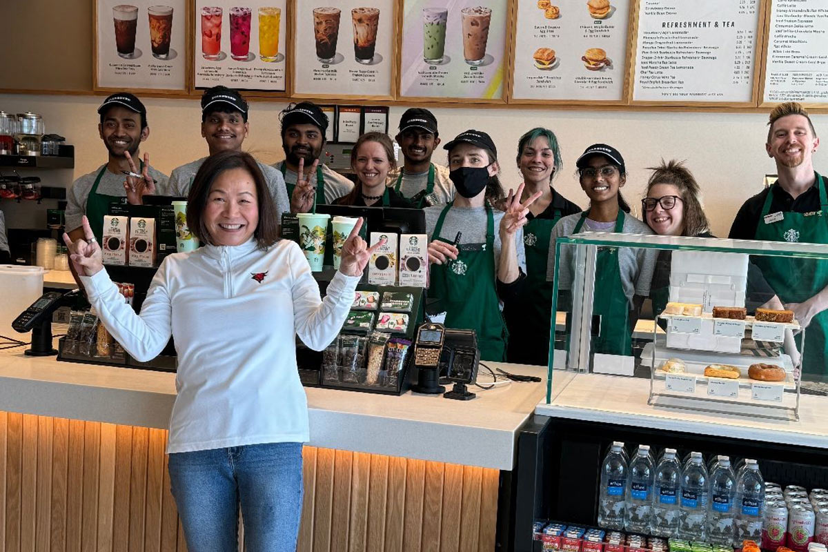 Chancellor Joanne Li, Ph.D., CFA, stops by the new Starbucks at Criss Library.
