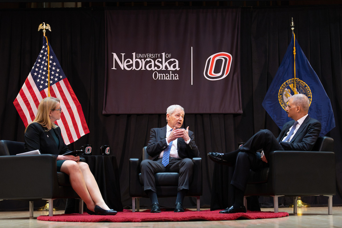 From left: Jody Neathery-Castro, Ph.D.; Chuck Hagel, and Eric H. Holder, Jr.