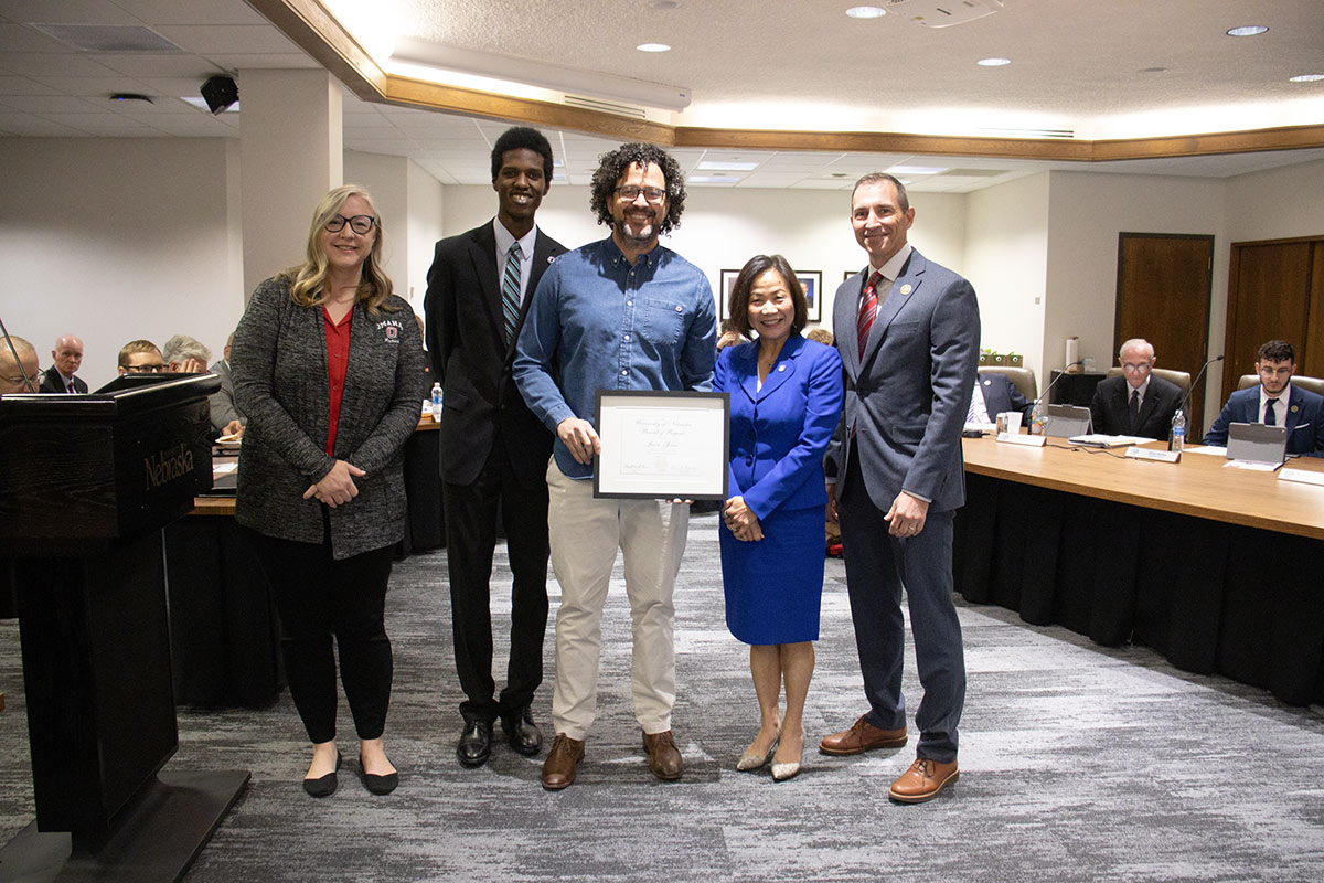 Pictured: Julie Dierberger, Ph.D., Chief Engagement Officer; Regent Lotoro; Jason Jones, recipient; Chancellor Li; Interim President Chris Kabourek.