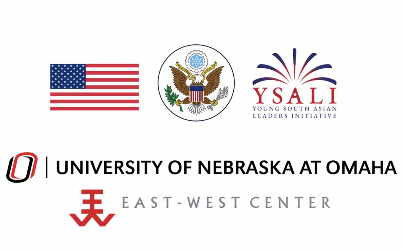 Graphic featuring the logos of the United States flag, the Great Seal of the United States, and the Young South Asian Leaders Initiative (YSALI) across the top. Centered below is the University of Nebraska at Omaha logo and wordmark. At the bottom is the East-West Center logo and name.