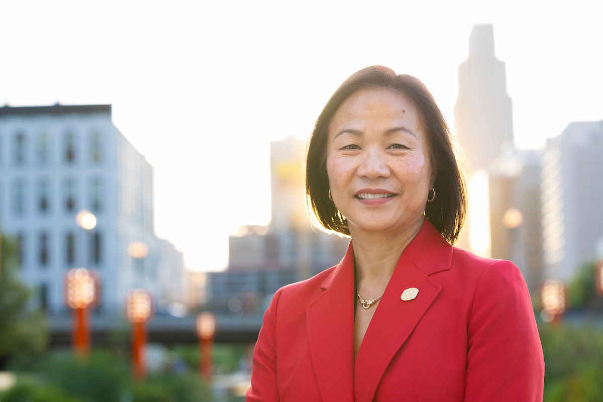 UNO Chancellor Joanne Li has her photograph taken in downtown Omaha, Nebraska.