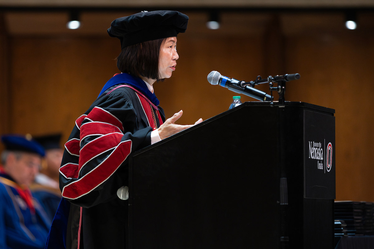 Chancellor Joanne Li, Ph.D., CFA, delivers remarks at the 2025 Student Honors Convocation. 