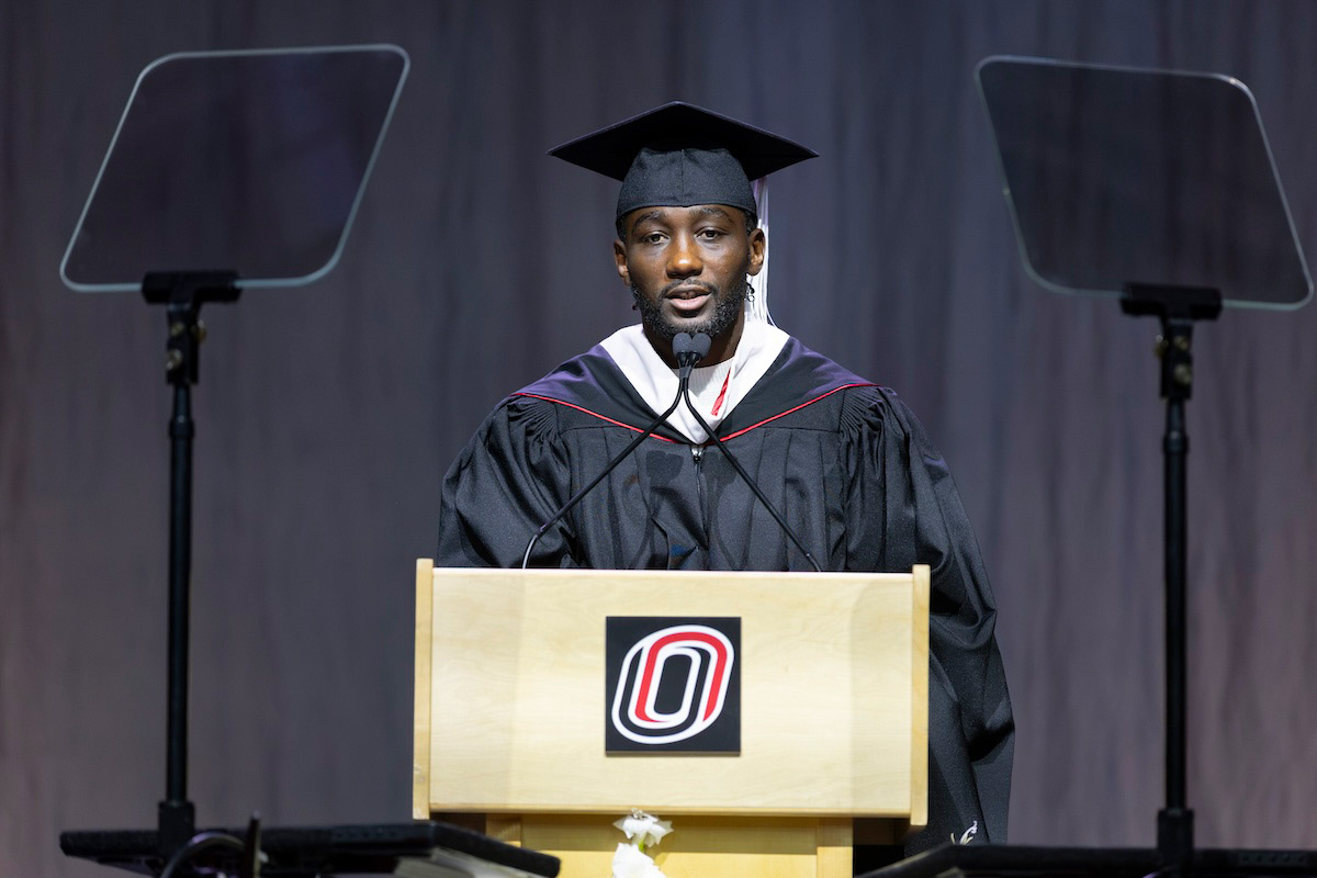 Terence “Bud” Crawford delivers the keynote address at the University of Nebraska at Omaha’s Spring 2025 Commencement ceremony at Baxter Arena.