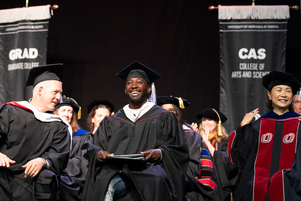 Terence “Bud” Crawford delivers the keynote address at the University of Nebraska at Omaha’s Spring 2025 Commencement ceremony at Baxter Arena.