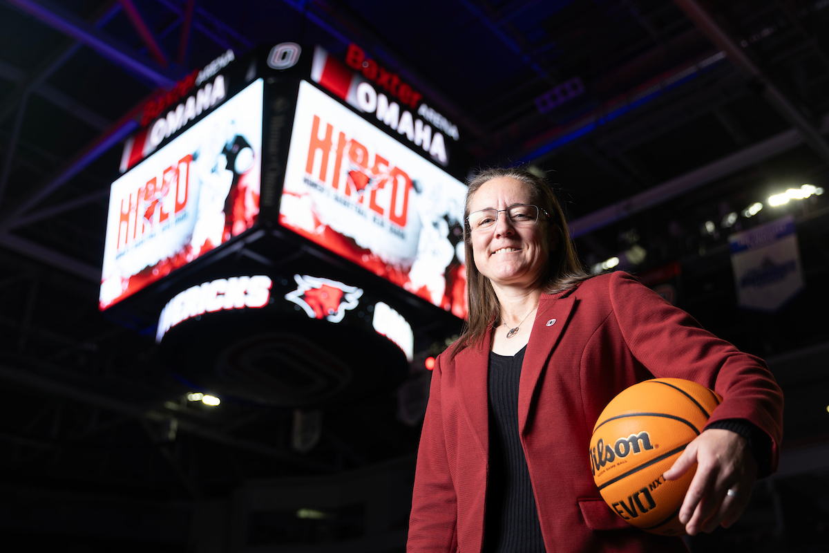 Jamie Carey was named the new Omaha women’s basketball head coach on Monday, May 12, 2025. Photo: Ryan Soderlin, Office of Strategic Marketing and Communications.