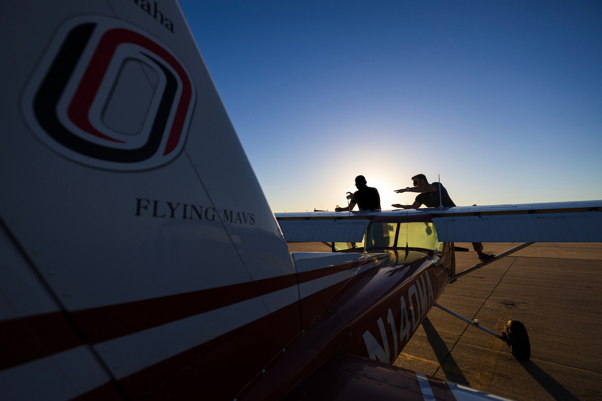UNO aviation students spend time at the Council Bluffs Municipal Airport. Photo: Ryan Soderlin, Office of Strategic Marketing and Communications.  