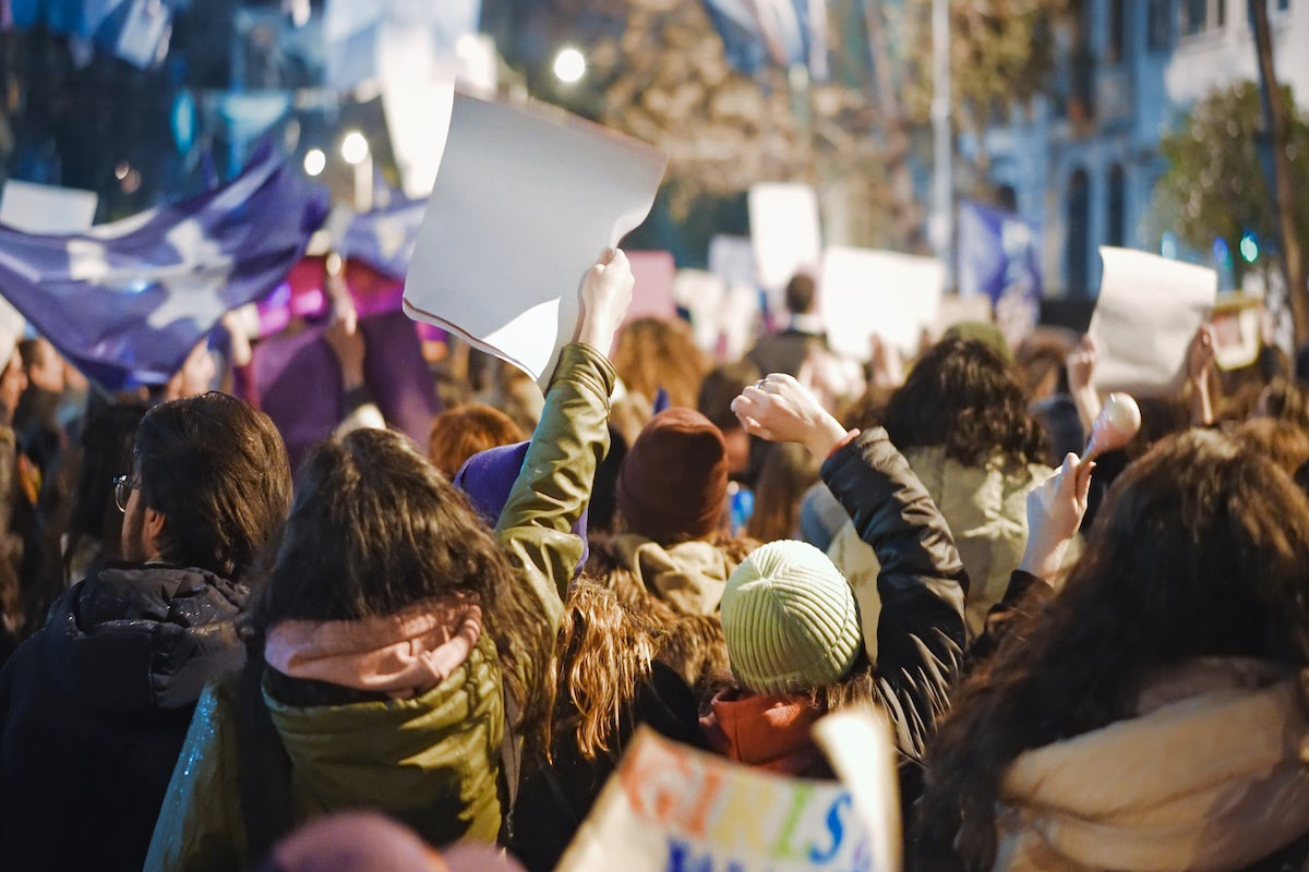 Protestors seen marching. 
