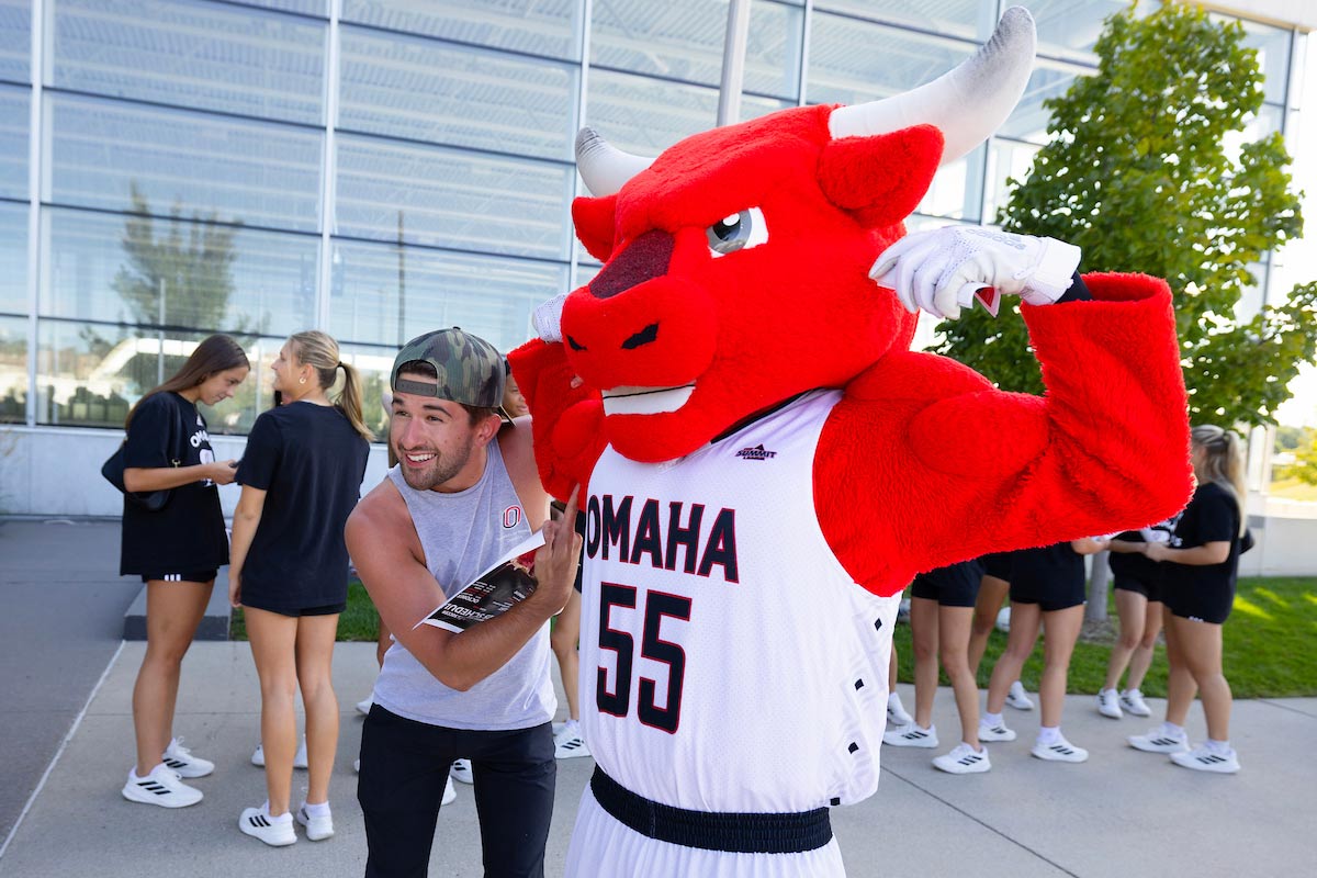 Durango shows off his muscles. The Fall Sports Spirit Day was held during Durango Days on Monday, August 25, 2025, at the University of Nebraska at Omaha’s Baxter Arena in Omaha, Nebraska.