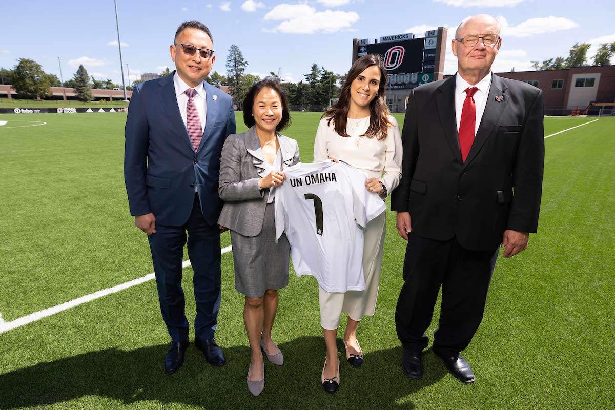 Left to right: Phil He, Ph.D., UNO Senior Vice Chancellor for Academic Affairs; Joanne Li, Ph.D., CFA, UNO Chancellor; Dr. Laura Planells Bolant; Steve Schulz, Ph.D., UNO College of Business Administration.  