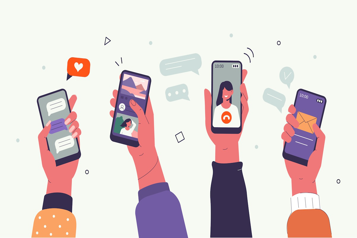 Young People use Smartphones and Surfing in Social Media.