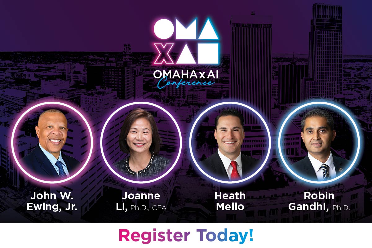 Graphic introducing speakers, from left to right, John W. Ewing Jr., Joanne Li, Ph.D., CFA, Heath Mello, Robin Gandhi, Ph.D.