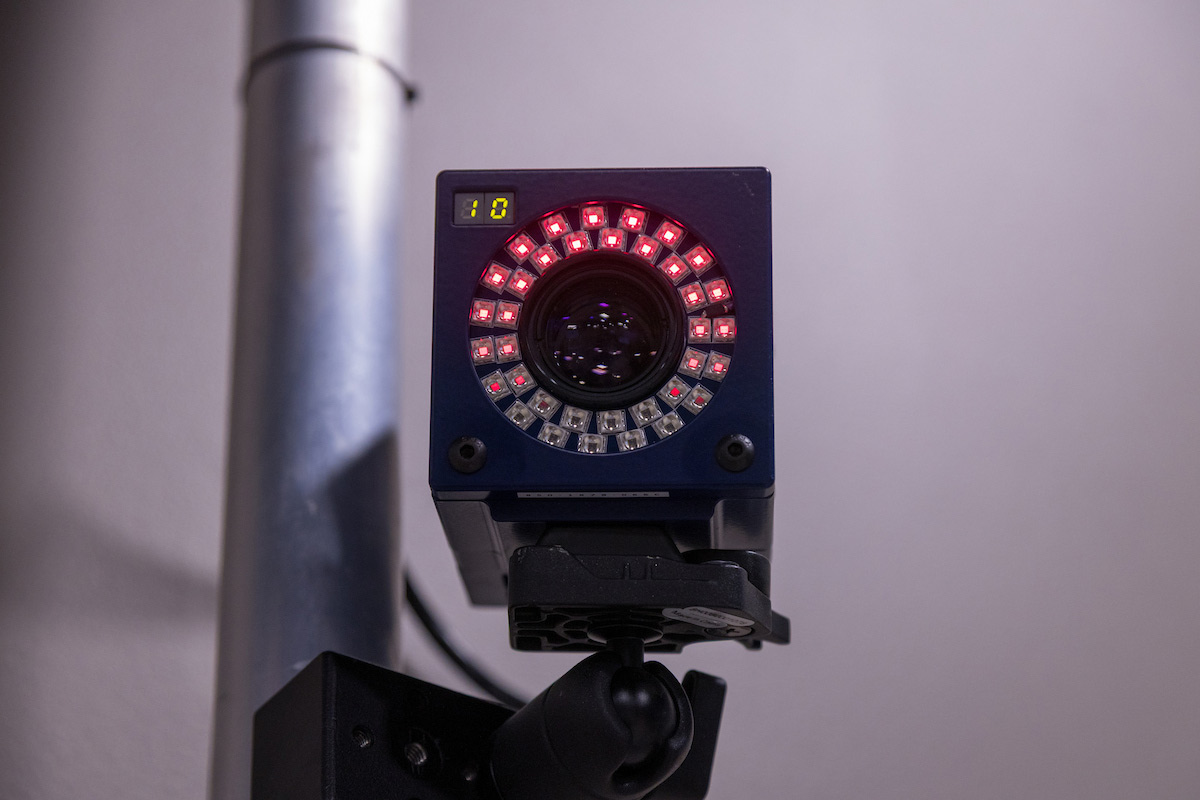 A motion capture camera captures sensors during Theo Brewer’s gait analysis testing.