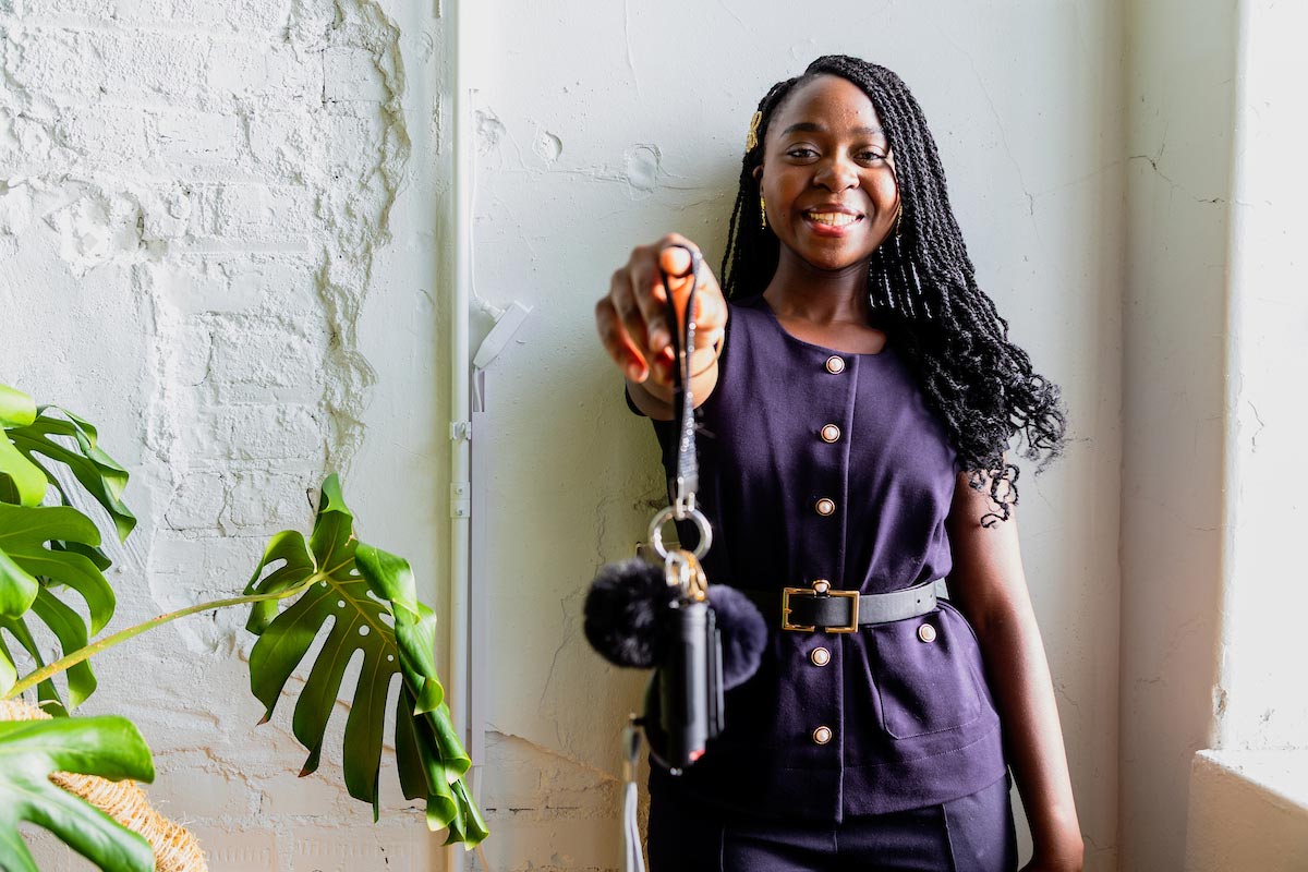 UNO senior Faith Suh poses with one of her self defense keychains. 