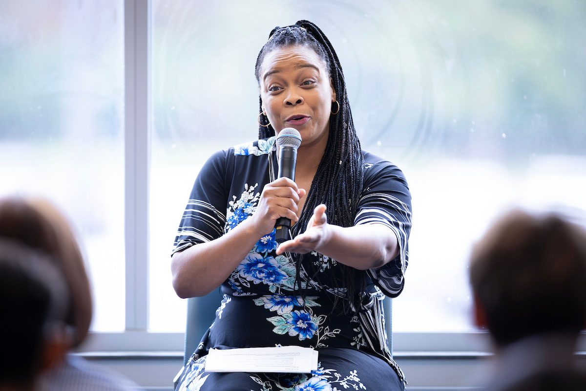 April Hibbler addresses the audience