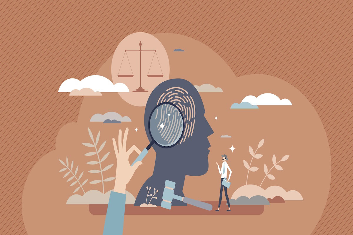 Mental research and interview for investigation about behavior for court vector illustration. 