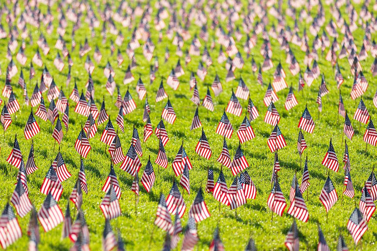 Field filled with hundreds of small American flags placed in rows on green grass, creating a patriotic display. 