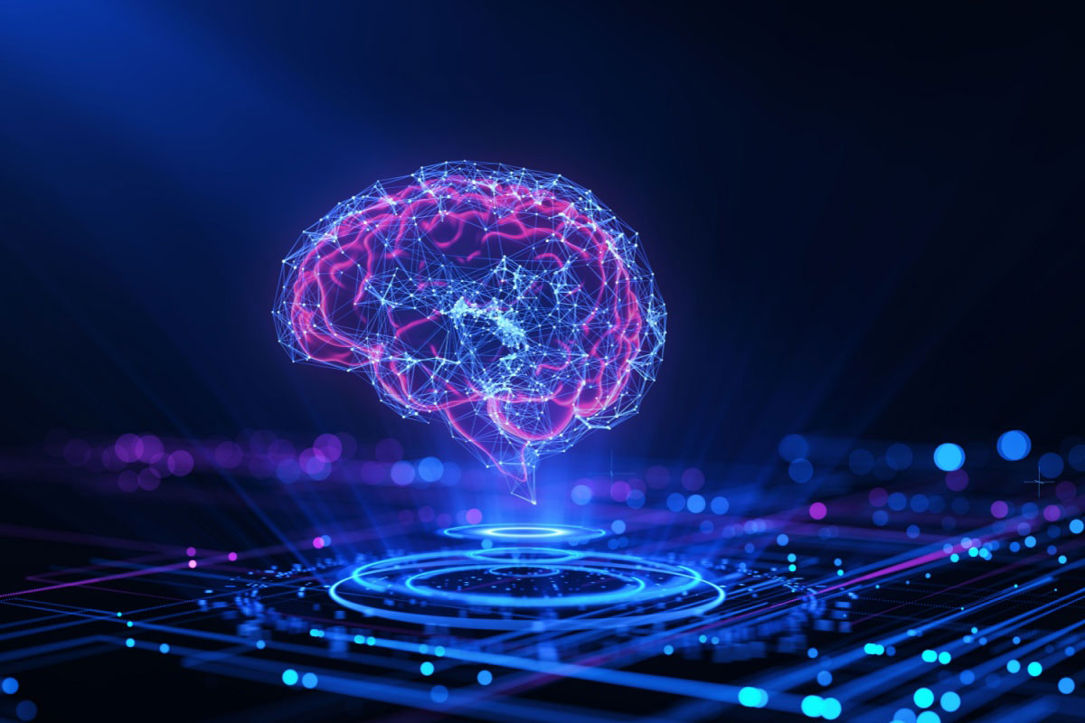 A glowing digital illustration of a human brain composed of interconnected blue and pink neural network lines, floating above a futuristic circuit board with blue light patterns, symbolizing artificial intelligence and technology.