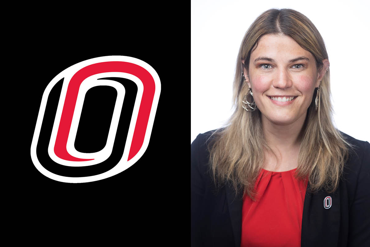 Composite image of UNO's Campus Icon on the left and a headshot portrait of Leanna Hyatt on the right.