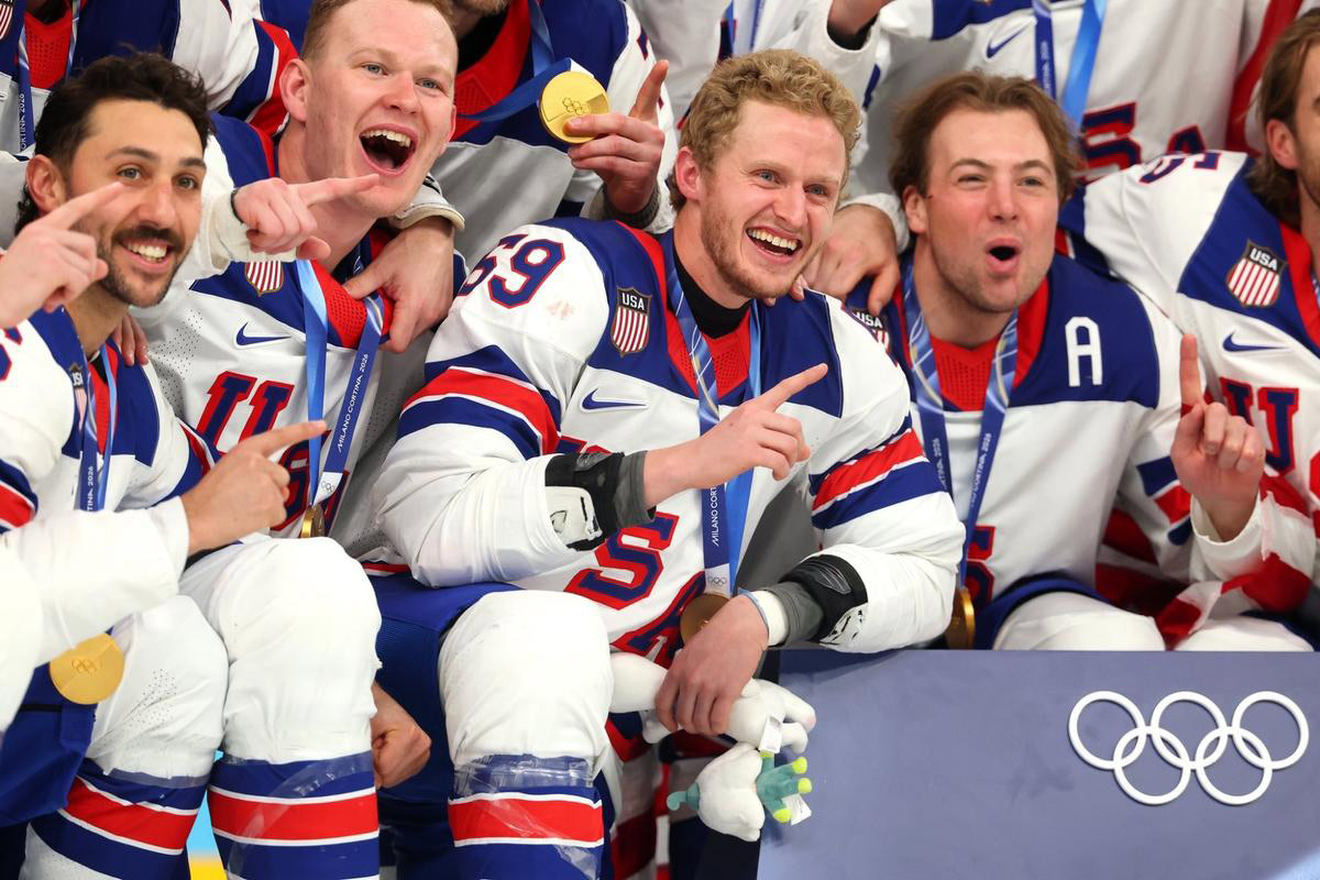 Jake Guentzel and Team USA celebrate their big win over Canada for the gold medal.