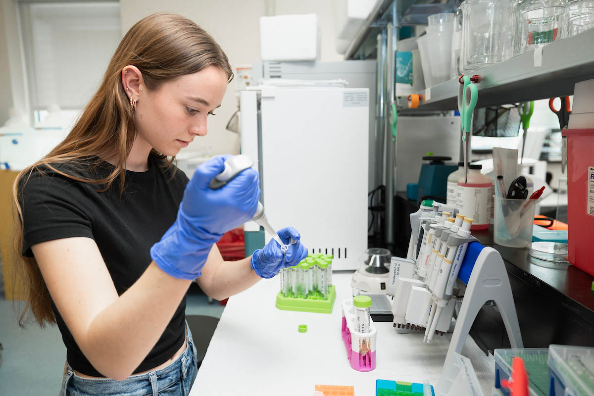 Person pipetting liquid into test tubes in lab