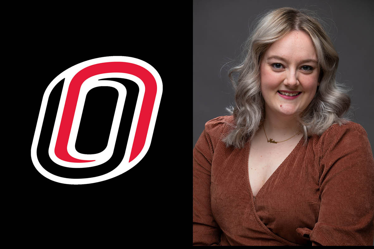 A composite image of the UNO Campus Icon on the left and a headshot of Madison Bowman on the right.