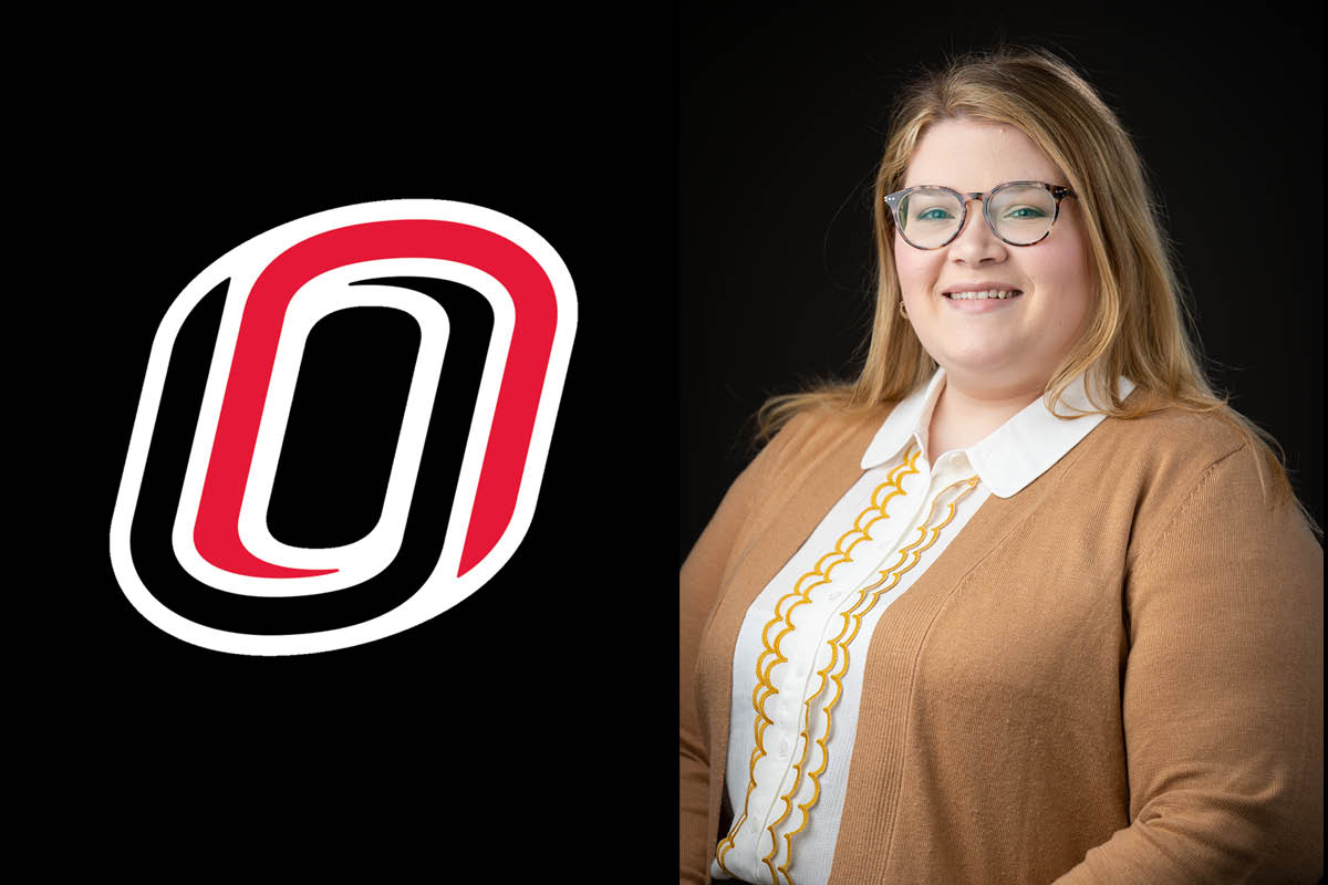 A composite image of the UNO Campus Icon on the left and a headshot of Kate Earnhardt on the right.