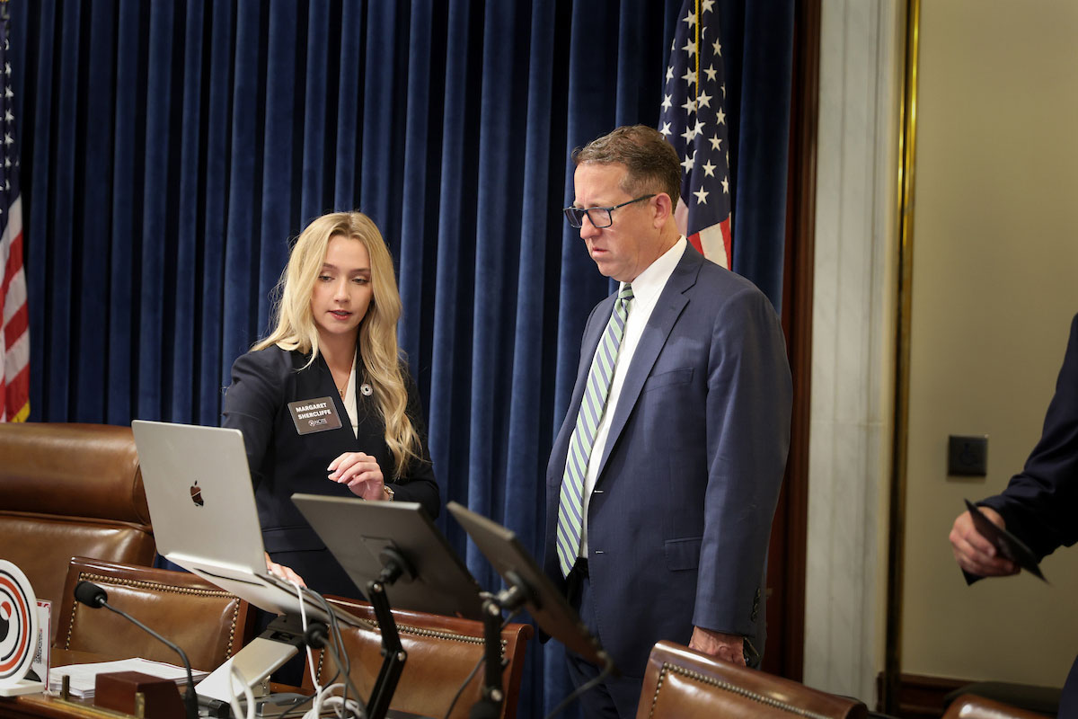 University of Nebraska at Omaha students and researchers with NCITE traveled to Washington D.C. to present research on jailbroken and obliterated AI models to U.S. House of Representatives members. Student Margaret Shercliffe is seen here on Tuesday, September 1, 2026, speaking with Rep. Adrian Smith (NE-03). UNO/Marlo Larsen)