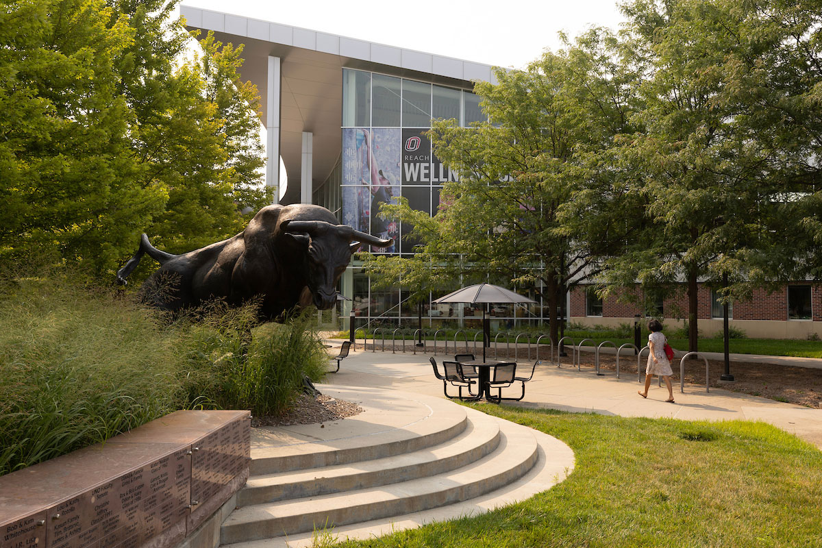 A photo of a building surrounded by trees, with a statue of a bull in the foreground.