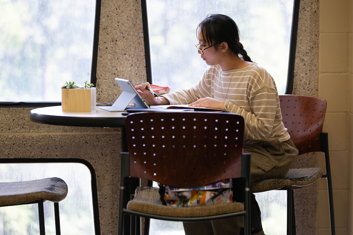 A student sits at a desk studying in front of large windows.