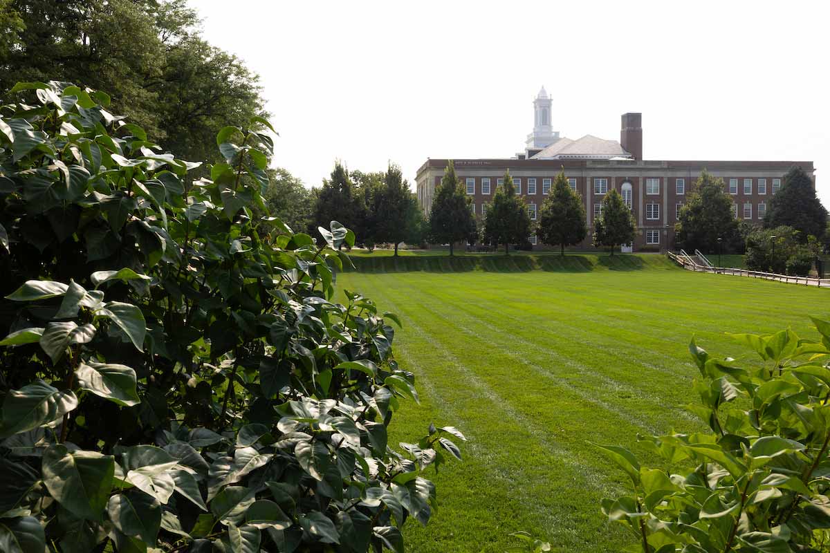Exterior shot of the Arts and Sciences building on UNO campus from the Pep Bowl green space 