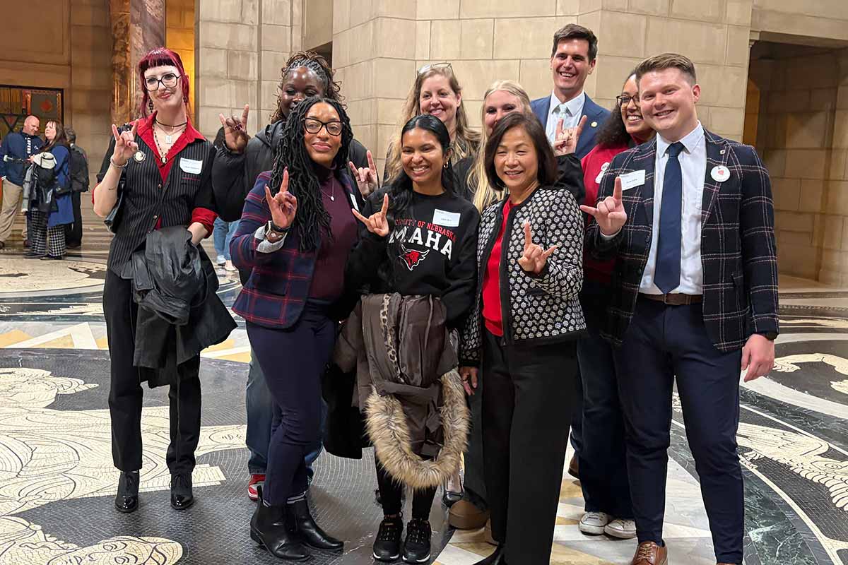 UNO’s I Love NU Day delegation in the Nebraska State Capitol rotunda.  