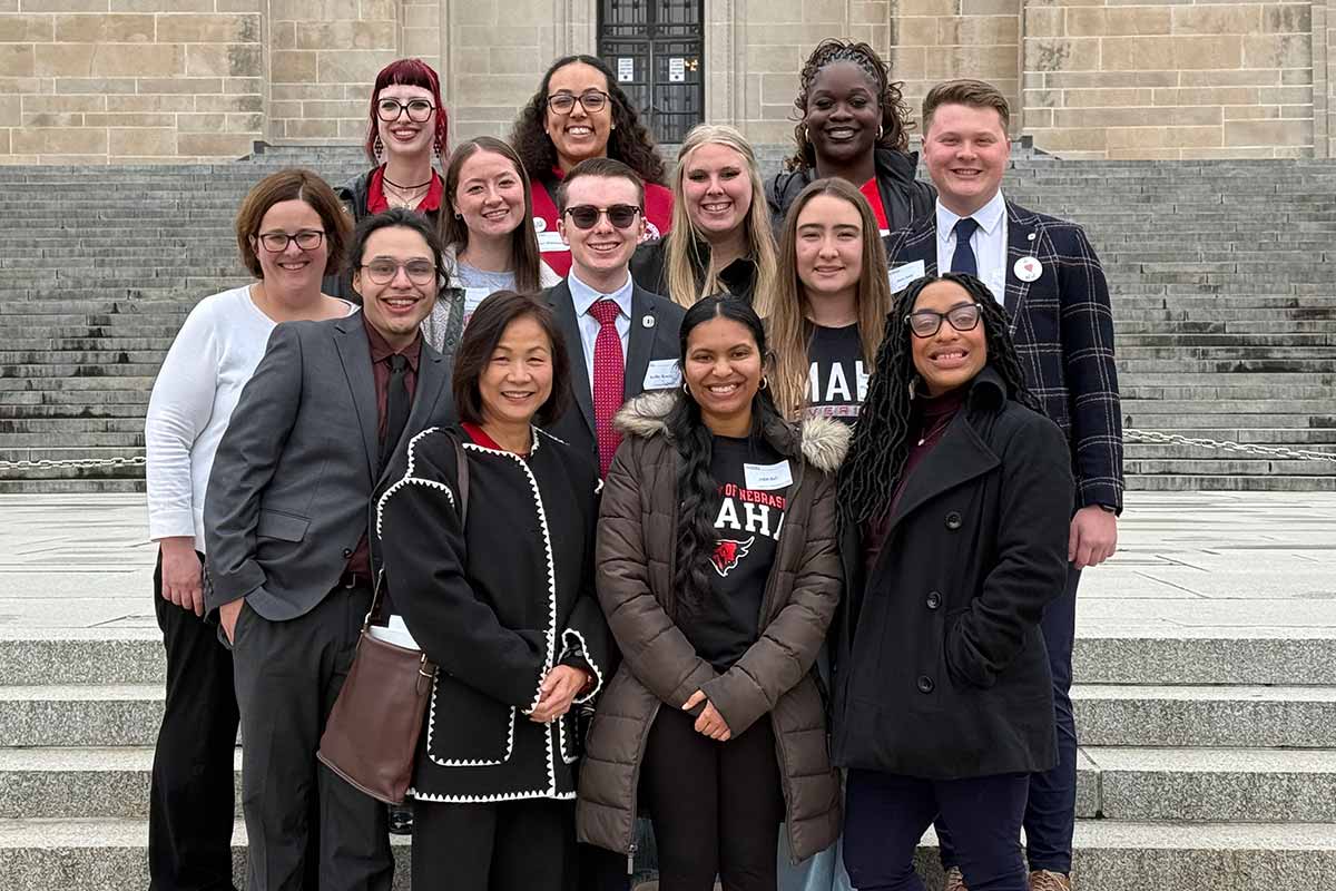 UNO’s I Love NU Day delegation on the Nebraska State Capitol steps.  