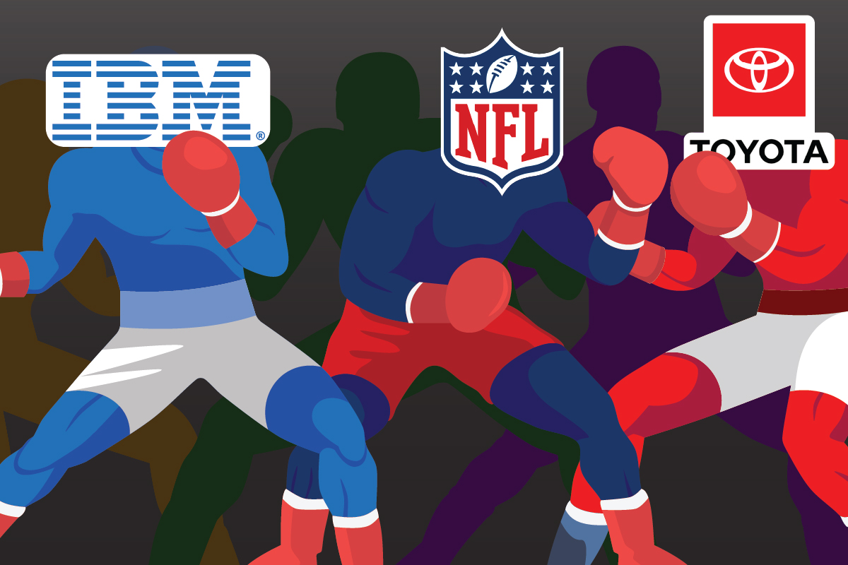 Illustration of overlapping boxers with the IBM, NFL, and Toyota logos prominently displayed, symbolizing competition among major companies and organizations. 