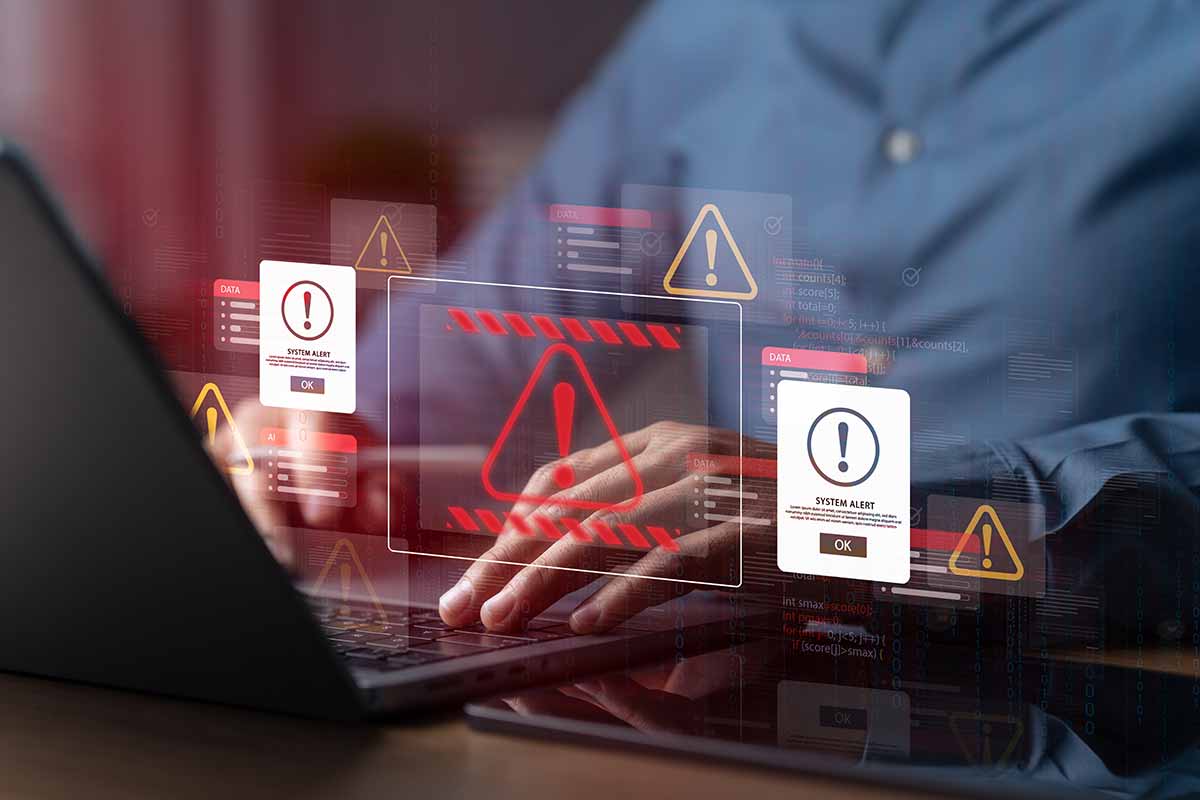 Cyber attack warning icon with hacked document system and system alert on virtual screen for data breach. Threat alert Hack protection concept 