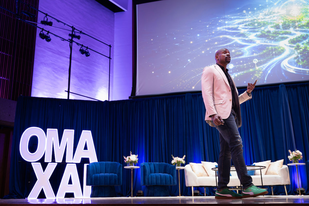 Keynote speaker Torian Richardson delivers his address during the OMA x AI Conference at the Strauss Performing Arts Center at the University of Nebraska at Omaha in Omaha, Nebraska, on Tuesday, June 30, 2026. (Ryan Soderlin, UNO Strategic Marketing and Communications)