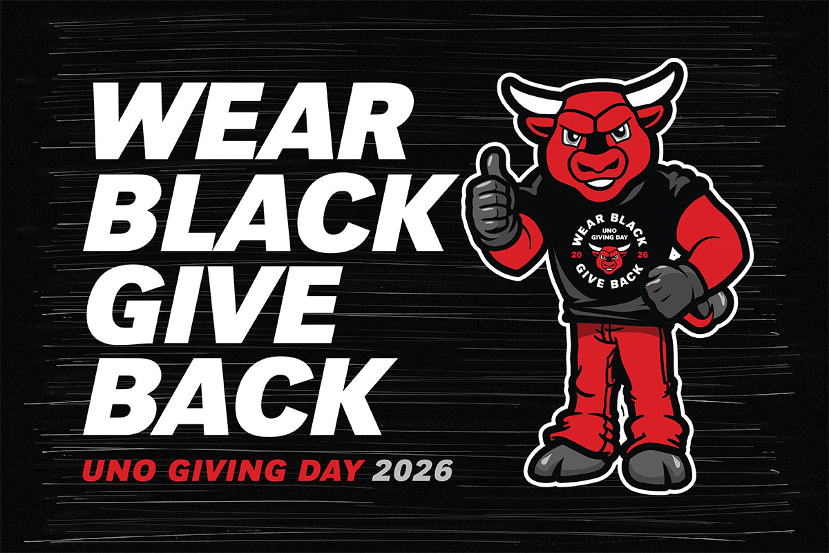 Graphic promoting UNO’s 2026 Wear Black, Give Back giving day, featuring the Durango mascot giving a thumbs-up while wearing a black Wear Black, Give Back T-shirt.