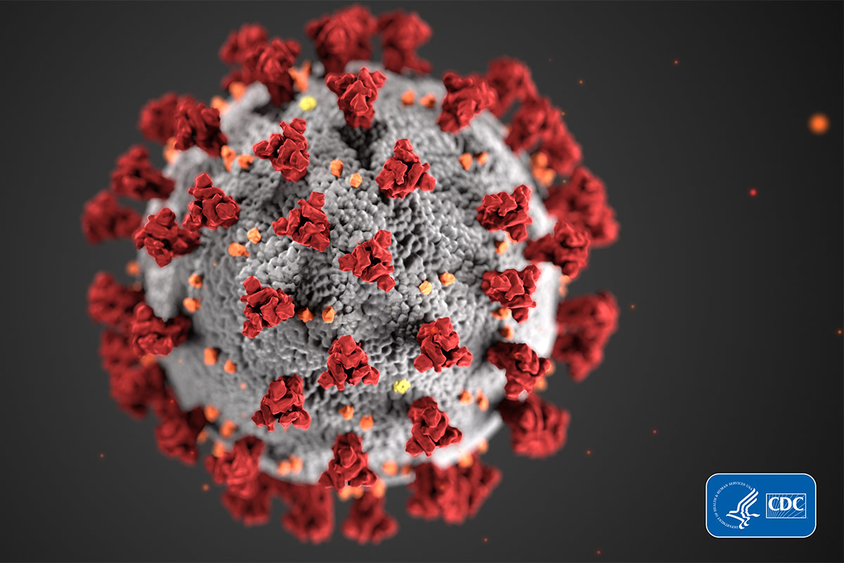 picture of the Coronavirus round ball with protruding growths. Incudes Centers for Disease Control logo in corner