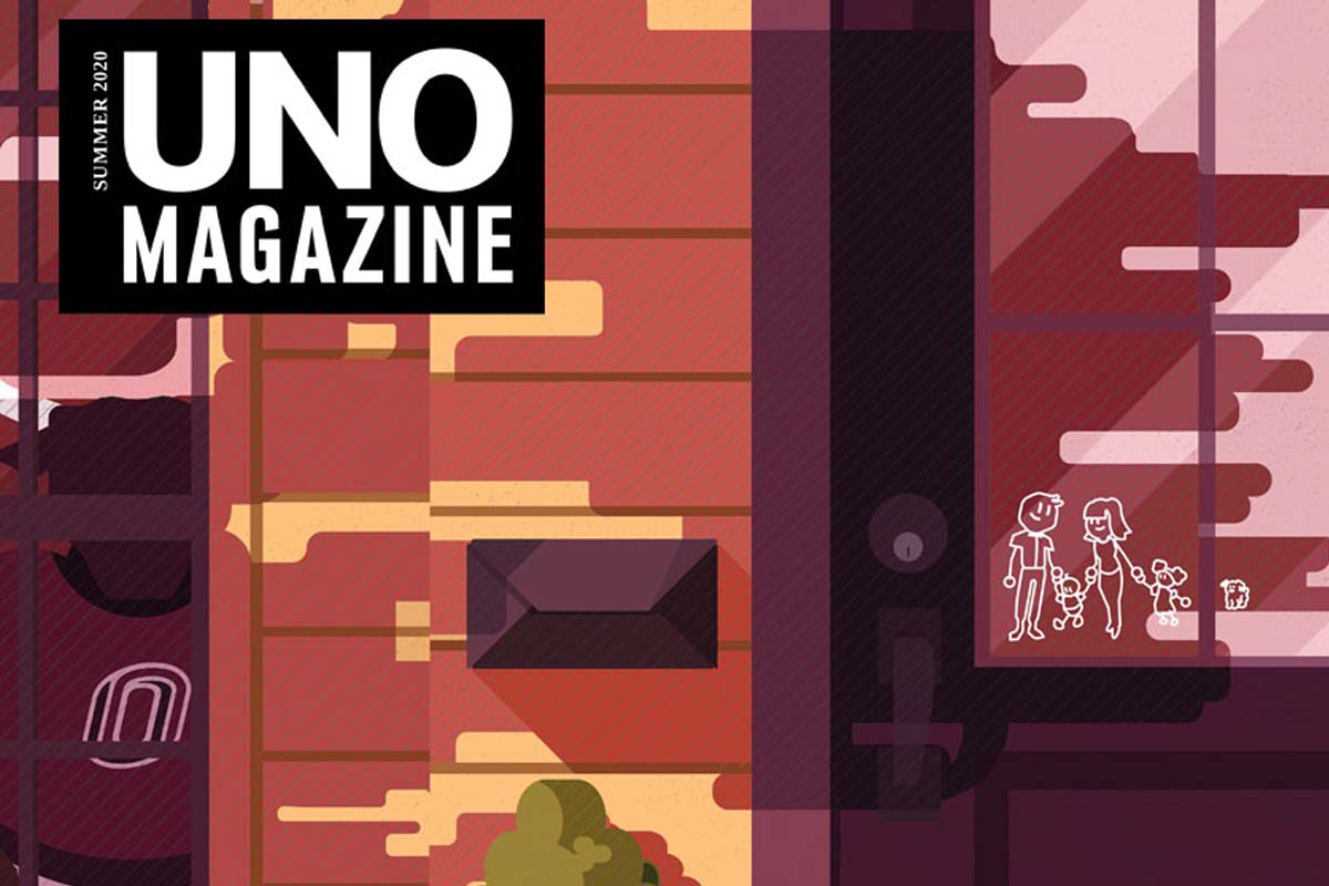 The cover of the Summer 2020 UNO Magazine, a minimalistic graphic showing a family inside a home with Durango