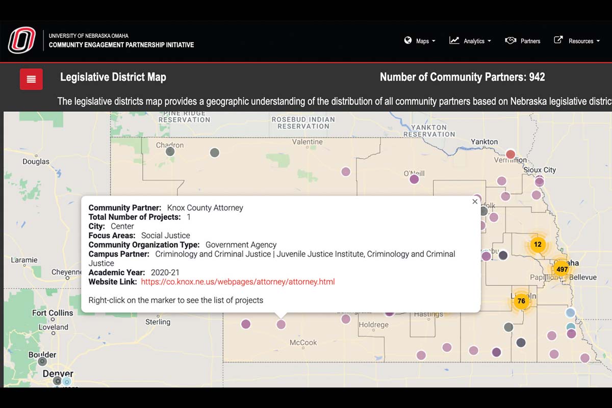 CEPI map highlighting community engagement by UNO across the state