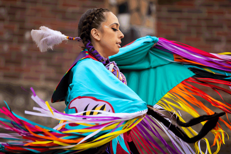 Cynthia Copeland of the Oglala Lakota Tribe dances the Fancy Dance at Castle Perseverance outside Weber Fine Arts Building for the virtual Wambli Sapa Memorial Powwow on campus at the University of Nebraska at Omaha in Omaha, Nebraska, Saturday, March 13, 2021.