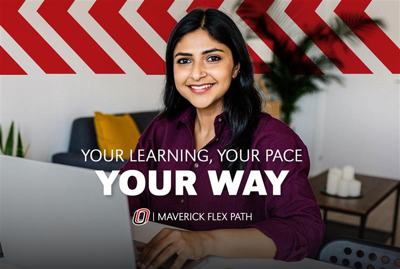 A woman sitting at a computer with text that reads "your learning, your pace, your way maverick flex path"