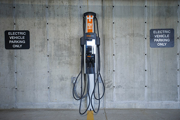 EV charging station in parking garage on UNO's campus
